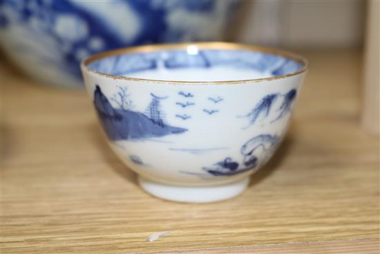 A Chinese blue and white bowl, two plates and two teabowls tallest 17.5cm